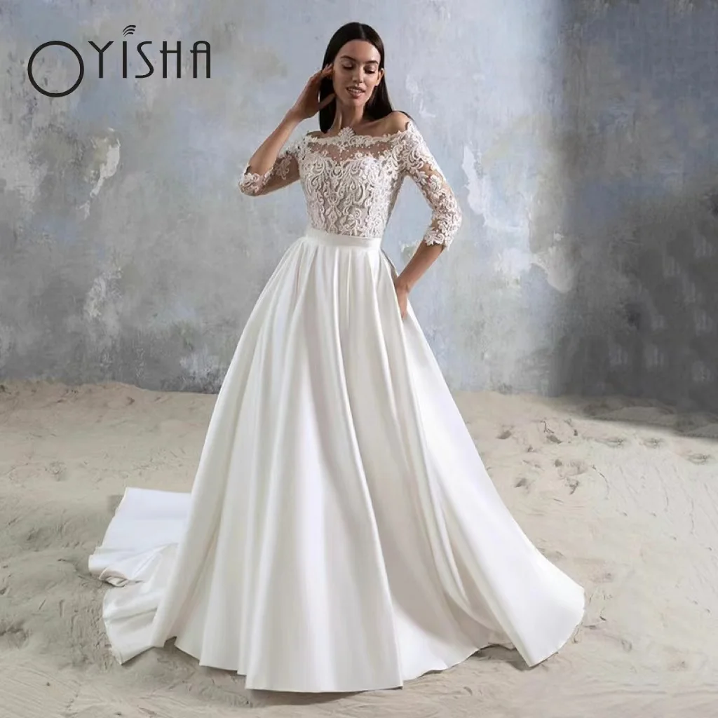 OYISHA 3/4 Sleeves Wedding Dresses Lace Appliqués Satin A-Line Luxury Bridal Gowns Vestidos De Fiesta with Pockets 2023
OYISHA 3/4 Sleeves Wedding Dresses Lace Appliqués Satin A-Line Luxury Bridal Gowns Vestidos De Fiesta with Pockets 2023