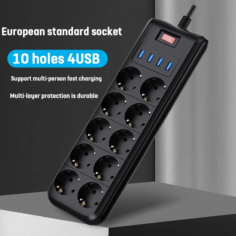 

Power Strip EU Plug 10 Outlets 4 USB Port 2.0M Cable Electrical Cord with Overload Surge Protector Extension Cable Home Office