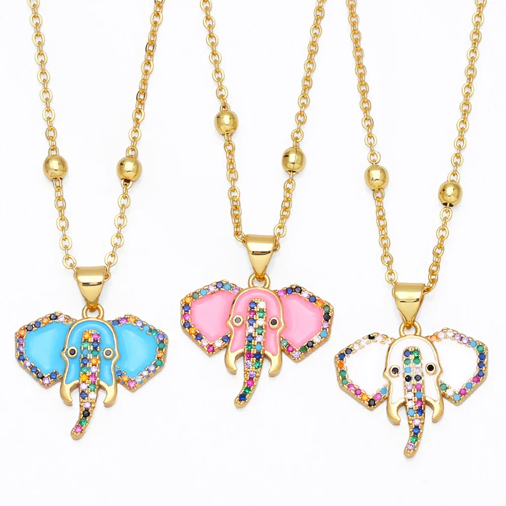 

FLOLA Enamel Colorful Elephant Necklace for Women Copper Zircon Gold Beads Necklace Lucky Animal Jewelry collar arcoiris nkeb122