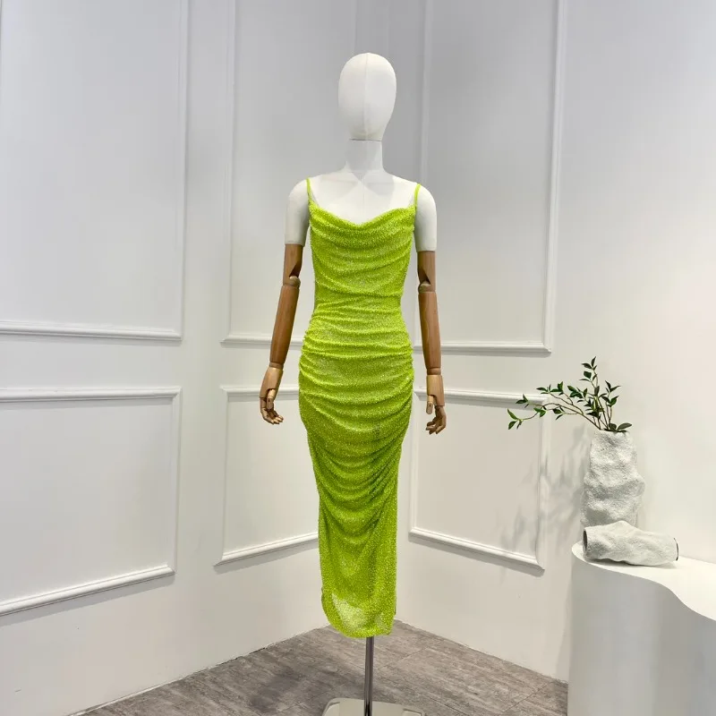 

Женское платье-футляр с вырезом лодочкой, желто-зеленое платье средней длины без рукавов с блестками, лето 2023