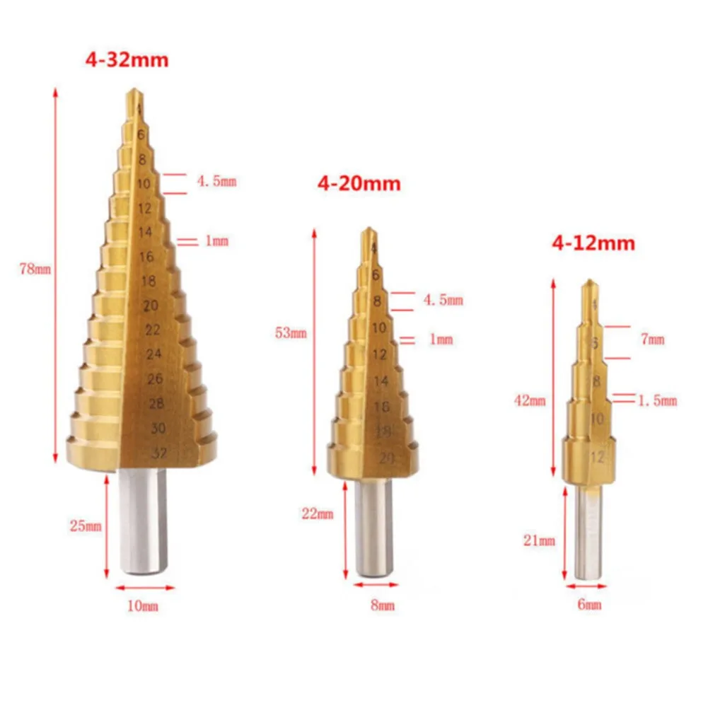4-32mm/4-20mm/4-12mm Step Cone Drill For Cut Holes High Speed Steel Titanium Coated
4-32mm/4-20mm/4-12mm Step Cone Drill For Cut Holes High Speed Steel Titanium Coated