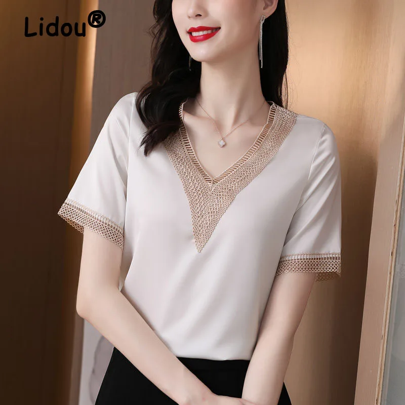 2022 Summer Women's Clothing Short Sleeve T-shirt V-Neck Fashion Splicing Pullover White Wild Oversized Elegant Solid Women Tops
2022 Summer Women's Clothing Short Sleeve T-shirt V-Neck Fashion Splicing Pullover White Wild Oversized Elegant Solid Women Tops