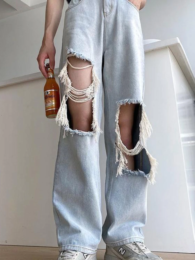 WeiYao Light Blue Ripped Vintage Woman's Distressed Jeans y2k Streetwear Hole Hip Hop High Waist Pants Straight Denim Trousers
WeiYao Light Blue Ripped Vintage Woman's Distressed Jeans y2k Streetwear Hole Hip Hop High Waist Pants Straight Denim Trousers