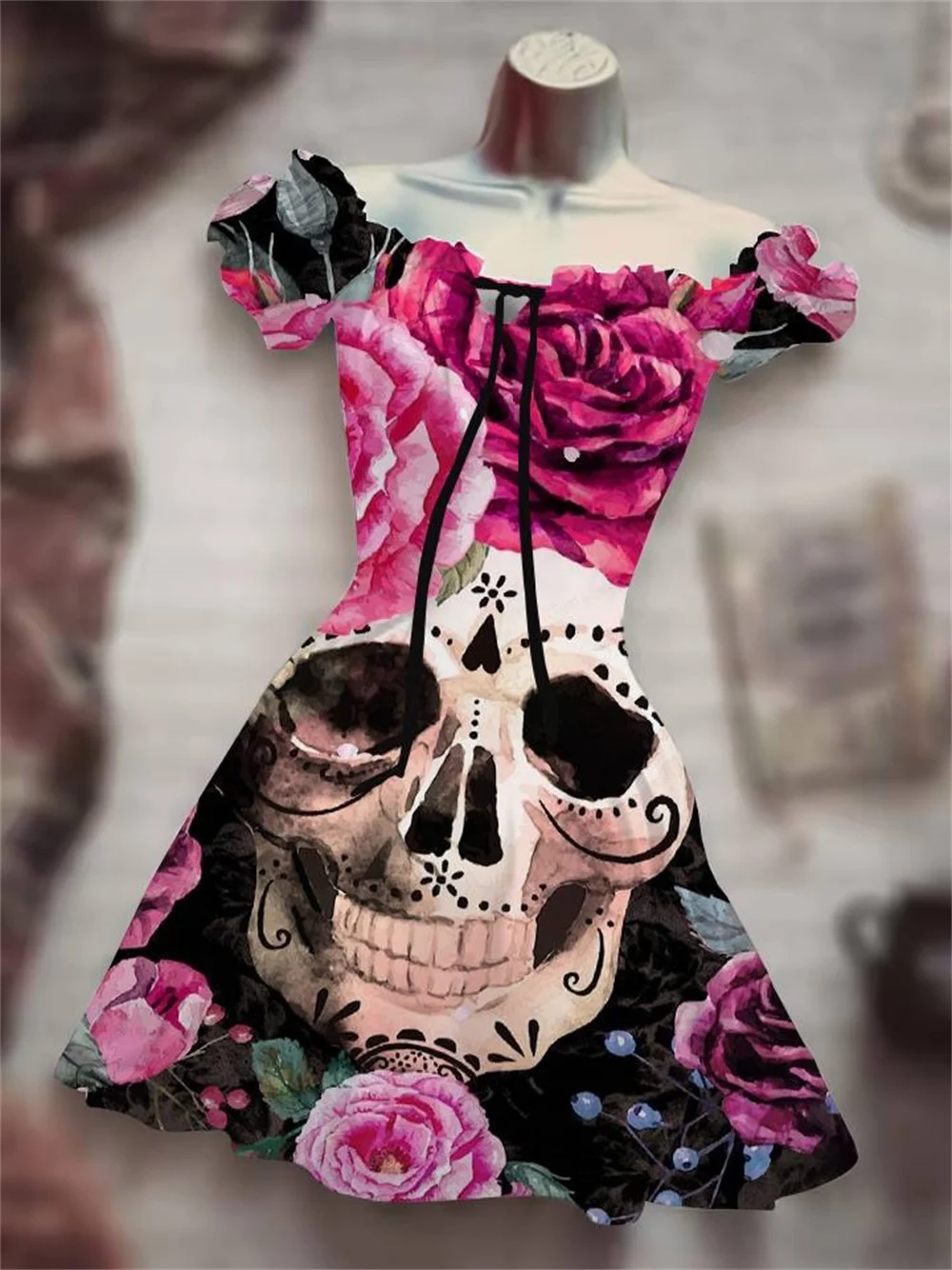 

Women's Fashion Dress 2022 New Summer Horror Hip Hop Fun Skull 3D Lantern Sleeve Embroidery Mid Waist Women Trend Black