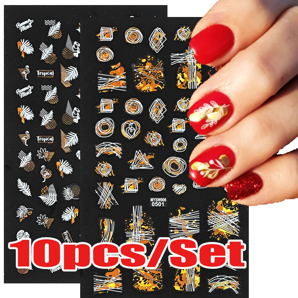 

10PCS/Lot Laser Gold Leaves Nail Sliders 3D- Maple Design Bronzing Adhesive Sticker 7*9CM Gold White Leaf Manicure Decals fw-125