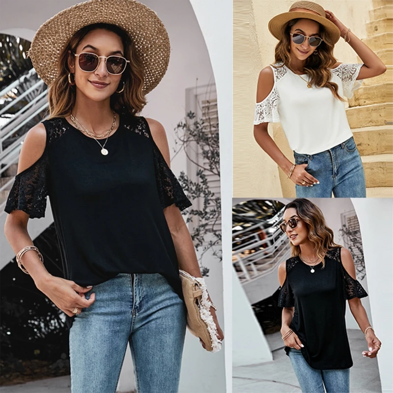 Women Ruffles Short Sleeve Crewneck Plain T-Shirt Loose Casual Tunic Top Hollow Lace Patchwork Cold Shoulder Tee Blouse
Women Ruffles Short Sleeve Crewneck Plain T-Shirt Loose Casual Tunic Top Hollow Lace Patchwork Cold Shoulder Tee Blouse