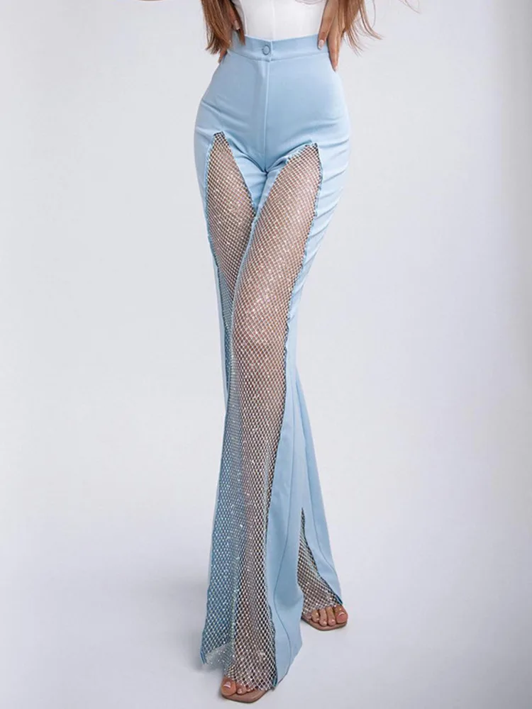 

RDMQ 2023 Sparkle Diamond Long Pants Women See Through Sexy Flare Pants Female Fashion Slim High Waist Trouser Streetwear