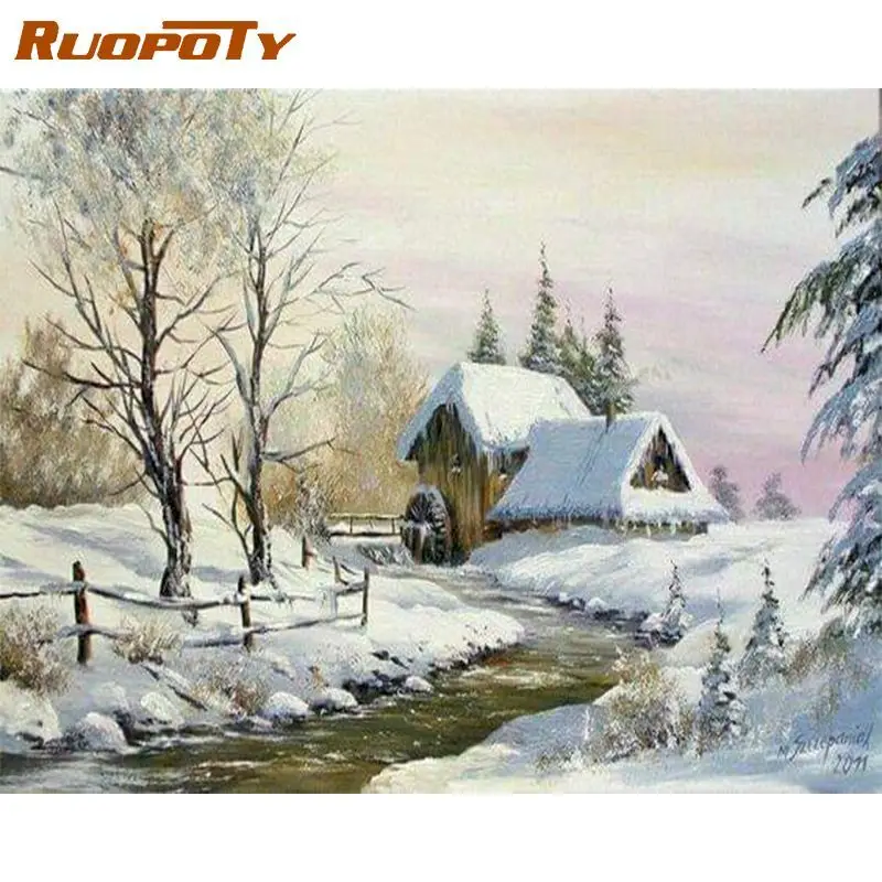 

RUOPOTY Modern Diy Painting By Numbers With Frame Snow House Tree Handiwork Coloring With Numbers Picture For Home Decors