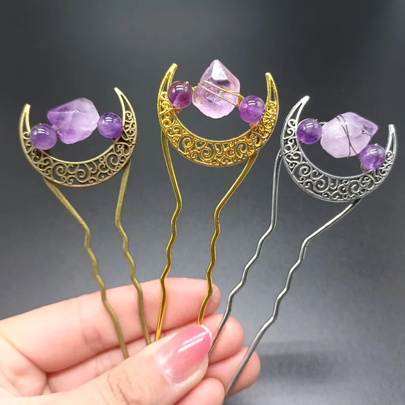 

Luxury Moon Amethysts Crystal Hairpin For Women Hair Combs Headdress Prom Bridal Wedding Elegant Hair Accessories Headwear