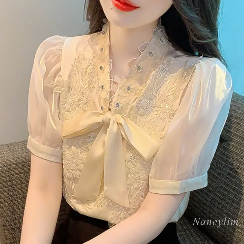 Summer Apricot Lace Shirt Women 2023 New Heavy Industry Beads Three-Dimensional Embroidered Bow Satin Puff Sleeve Blouses Tops
Summer Apricot Lace Shirt Women 2023 New Heavy Industry Beads Three-Dimensional Embroidered Bow Satin Puff Sleeve Blouses Tops