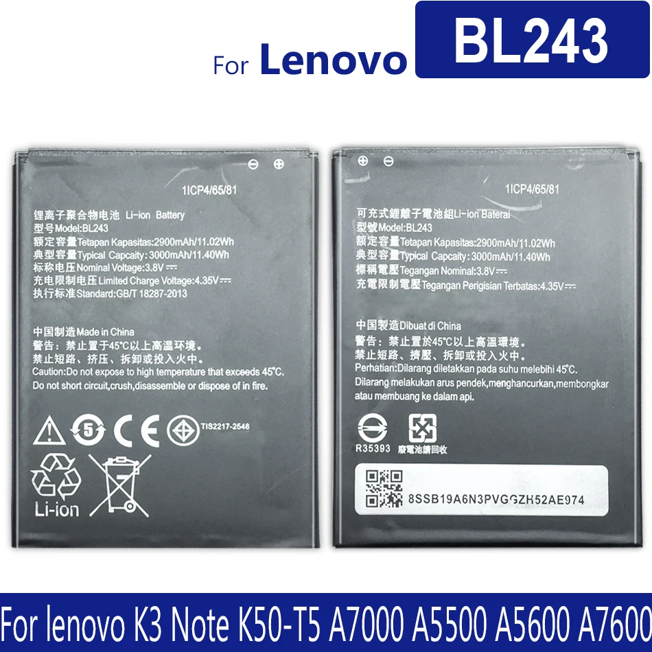 Аккумулятор BL243 для Lenovo K3 Note K50-T5 A7000 A5500 A5600 A7600-M 2900mAh, номер отслеживания поставки
Аккумулятор BL243 для Lenovo K3 Note K50-T5 A7000 A5500 A5600 A7600-M 2900mAh, номер отслеживания поставки