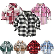 Baby Boy Girl Cotton Plaid Shirt Jacket Children Pocket Button T-Shirts Spring Long Sleeve Tops Outwear Kids Casual Clothes