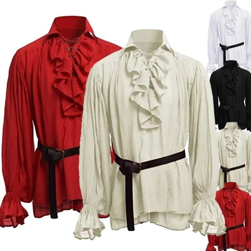 

Christmas Mens Medieval Shirts Poet's Renaissance Cosplay Costume Viking Pirate Captain Lace Up Ruffle Tops Sand Collar Shirt