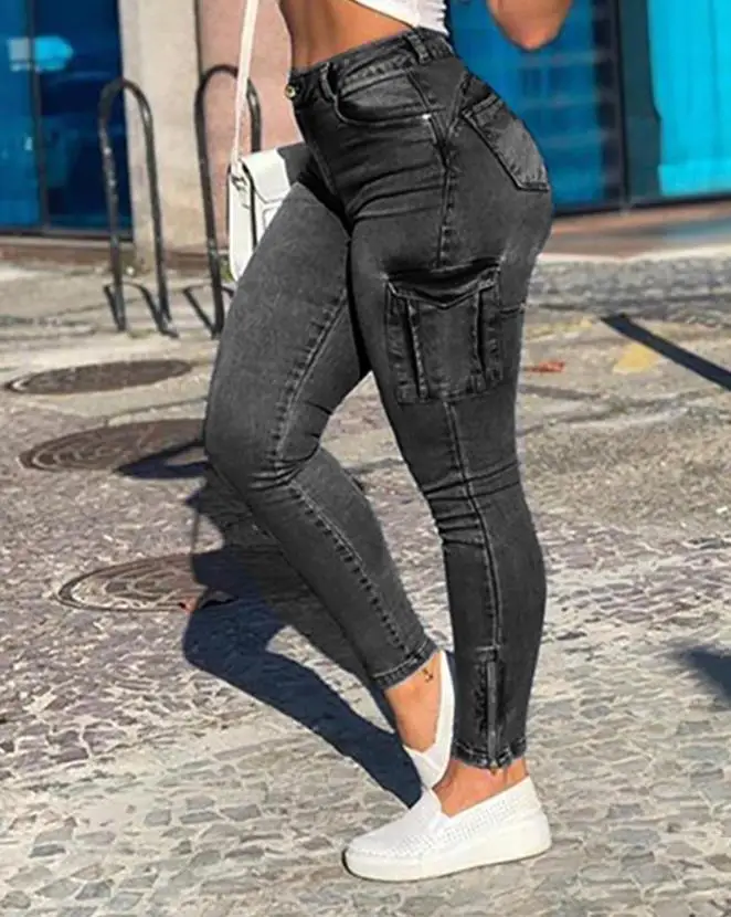 

Commuter Women's Pants 2023 Summer New Slim Fit Style Casual Office Button Pocket Design Casual Jeans Women Street Apparel Ootd