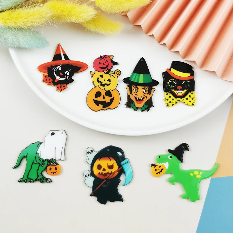 

JeQue 10Pcs Halloween Charms Creative Acrylic Vintage Pumpkin Dinosaur Ghost Pendant For Keychain Necklace Jewelry Diy Making