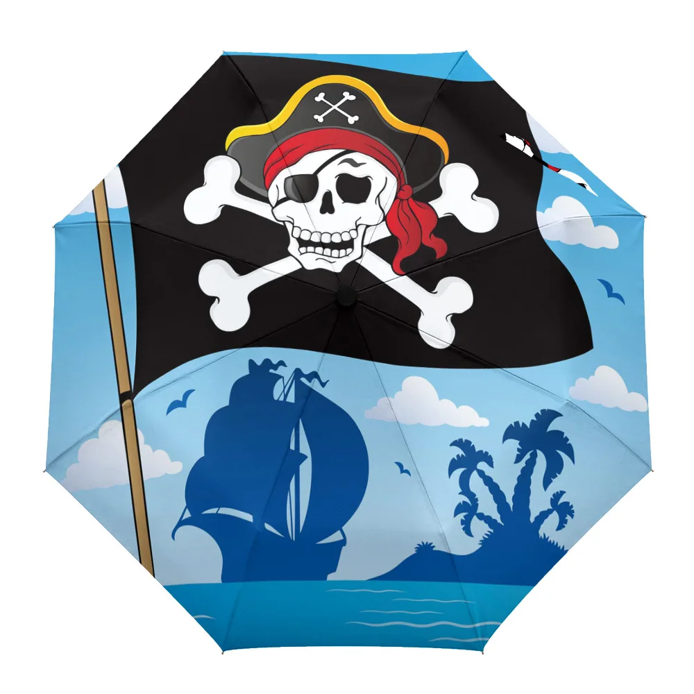 

Автоматический зонт с баннером в виде пиратского черепа, восемь нитей, складной уличный зонтик от дождя для детей, женщин и мужчин