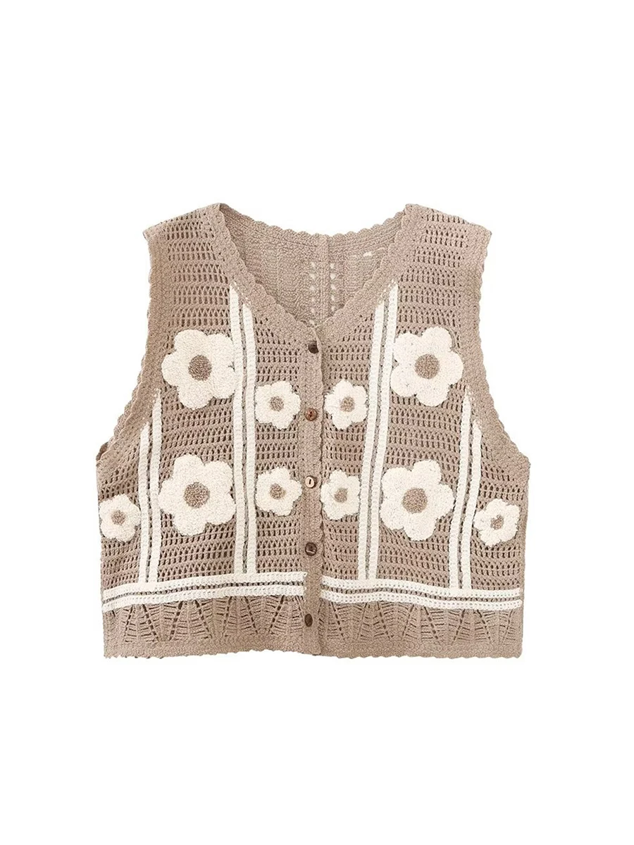 

Y2K Vintage Style Sleeveless Knit Vests for Women - Elegant Button-Up Floral Print Crochet Tank Tops with V-Neck Design