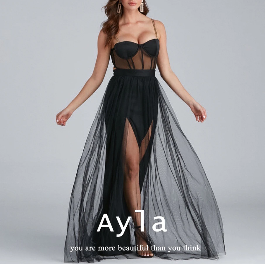 Sexy Straps Evening Dress Advanced Black Tull Sweep Train Prom Gowns Sexy High Side Split Formal Gowns Vestidos De Novia
Sexy Straps Evening Dress Advanced Black Tull Sweep Train Prom Gowns Sexy High Side Split Formal Gowns Vestidos De Novia