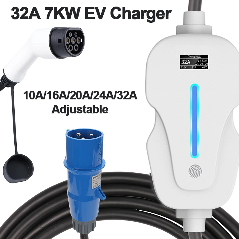 

New 32A 7KW EV Charger IEC 62196-2 Type 2 Electric Vehicle Charging Station EVSE Wallbox 5Meters Cable CEE Plug OLED Display