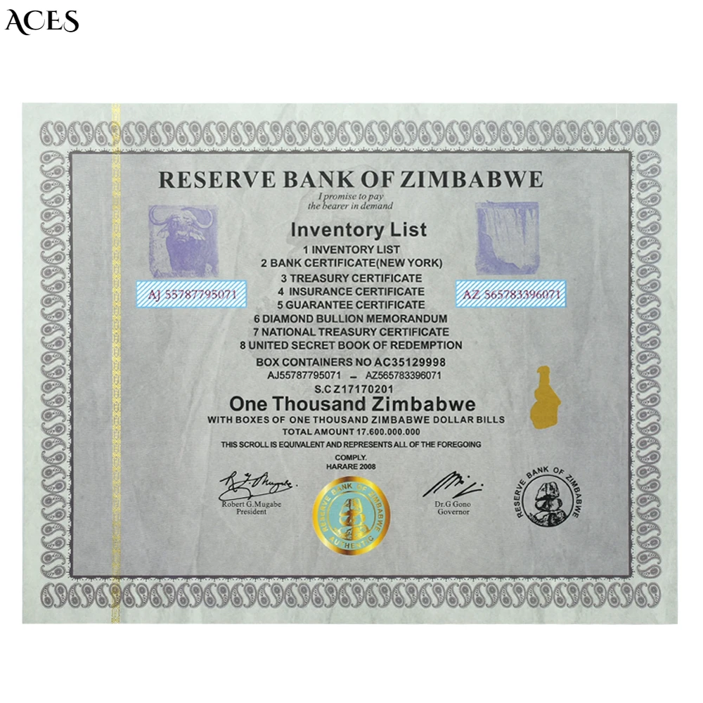 Сертификат Зимбабве тысяча серийных номеров в Зимбабве, список запаса денег, Золотой ремень в ретро стиле с УФ-меткой 
Сертификат Зимбабве тысяча серийных номеров в Зимбабве, список запаса денег, Золотой ремень в ретро стиле с УФ-меткой