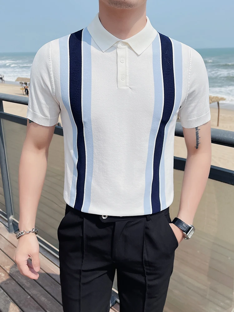 

Мужская Летняя винтажная трикотажная рубашка-поло 2023, ледяная шелковая полосатая Повседневная футболка в стиле пэчворк, мужская рубашка-поло с отворотом и короткими рукавами, модель H61