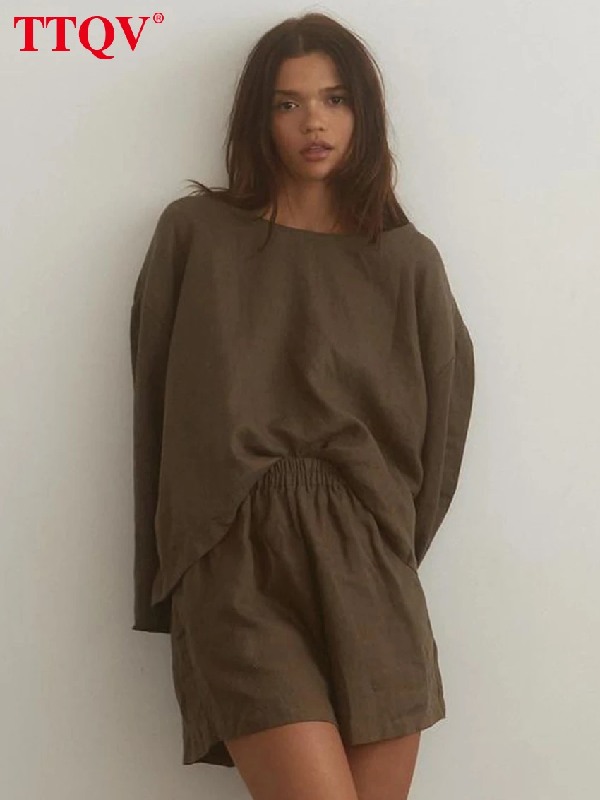 TTQV Casual Brown Cotton Simple Two Piece Set For Women Fashion Solid O-Neck Long Sleeve Shirts And High Waist Shorts Female Set
TTQV Casual Brown Cotton Simple Two Piece Set For Women Fashion Solid O-Neck Long Sleeve Shirts And High Waist Shorts Female Set