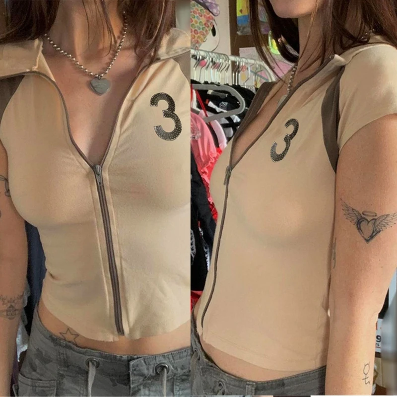 Women's Sexy Zip Up Crop Top Short Sleeve Summer Lapel Tees Blouses Casual Basic Slim Fit for T Shirt Fashion Printed To
Women's Sexy Zip Up Crop Top Short Sleeve Summer Lapel Tees Blouses Casual Basic Slim Fit for T Shirt Fashion Printed To