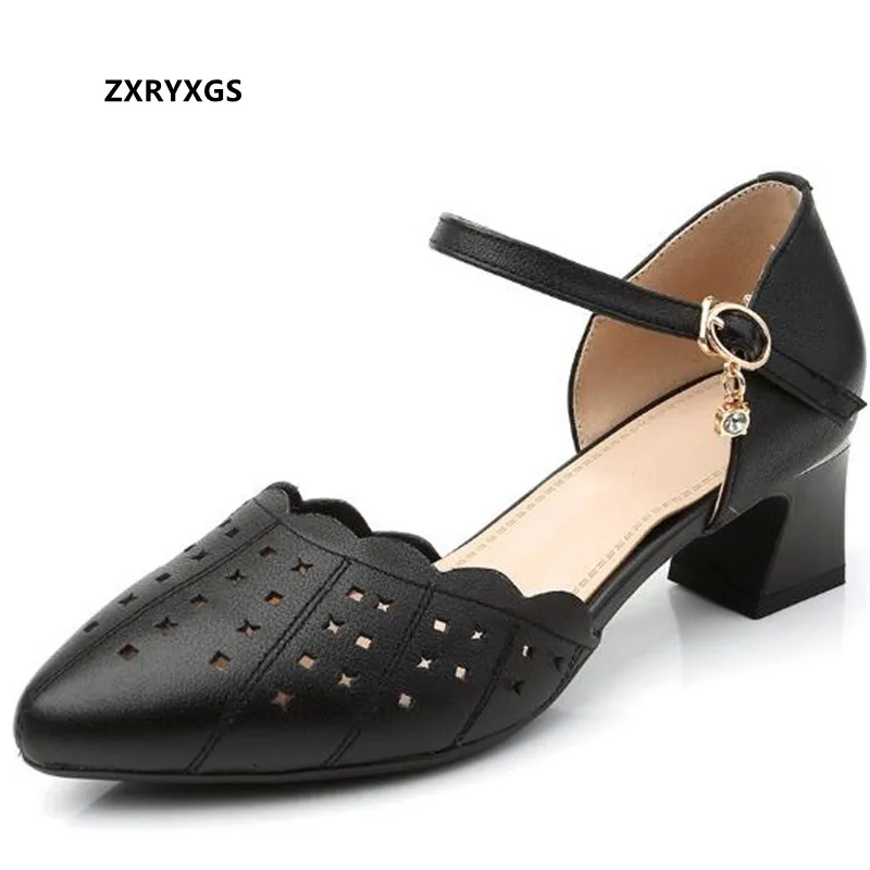 Женские босоножки из воловьей кожи, с острым носком, на среднем каблуке 
Женские босоножки из воловьей кожи, с острым носком, на среднем каблуке