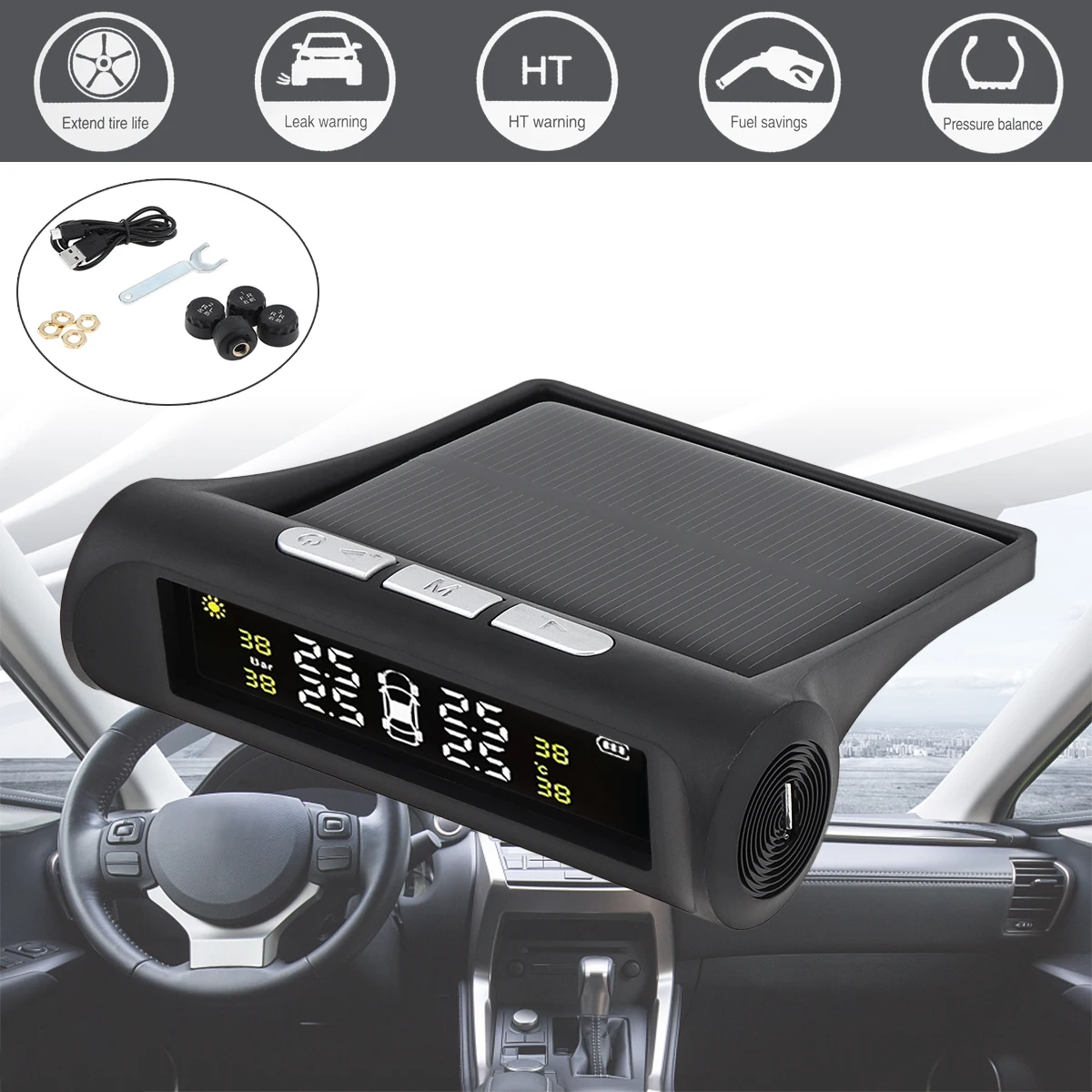 Система контроля давления в шинах, на солнечной батарее, 4 внешних датчика 
Система контроля давления в шинах, на солнечной батарее, 4 внешних датчика