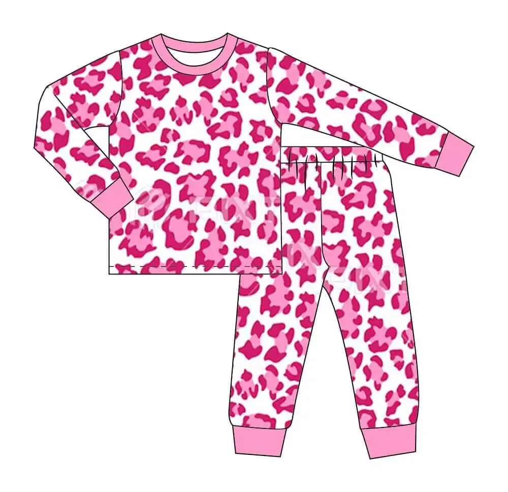 

Cute Pink Leopard Print Long Sleeve Pajamas Set Girls Cute Homewear Wholesale Boutique Baby Girl Clothes