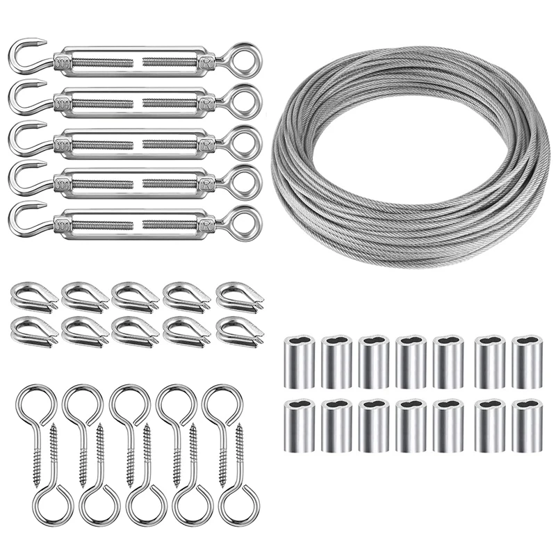 40PCS Wire Rope Cable Hooks Cord Hanging Kit with Turnbuckle Wire Tensioner for Wire Tent Railing Decking Plants Fence
40PCS Wire Rope Cable Hooks Cord Hanging Kit with Turnbuckle Wire Tensioner for Wire Tent Railing Decking Plants Fence