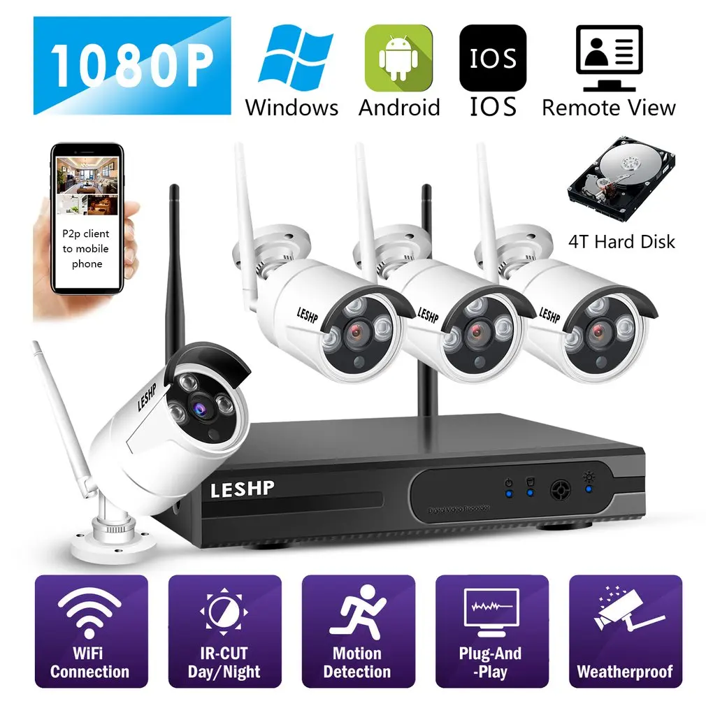 

LESHP Wireless Security Camera System 4 CH 720p Video Recorder NVR 4 x 1.0MP Wifi Outdoor Network IP Cameras Motion Detect