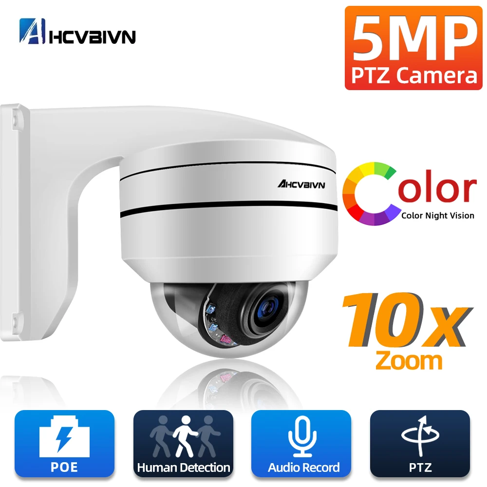 

5MP Outdoor PTZ Dome IP Camera POE 5.0MP 10X Optical Zoom Human Detection Day Night Vision IR 80m Audio CCTV Security Camera P2P