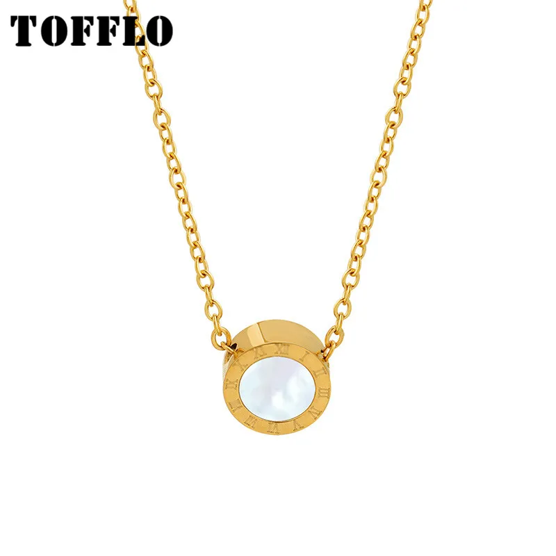 

TOFFLO Stainless Steel Jewelry Digital Black And White Shell Necklace Round Simple Female Fashion Clavicle Chain BSP128