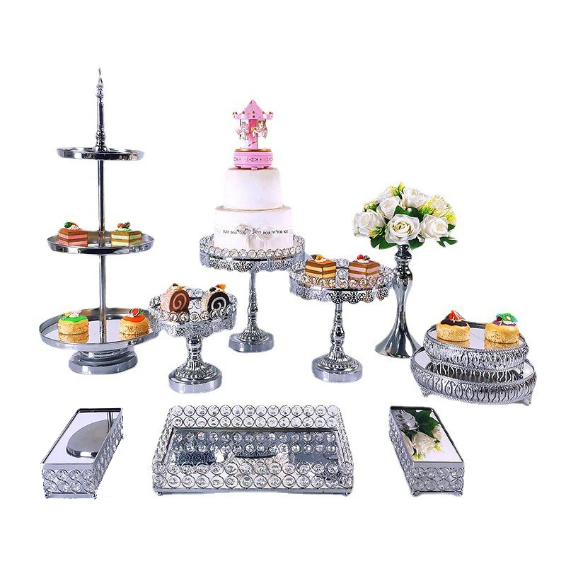 

7 шт.-10 шт./лот Серебряная подставка для торта набор металлических зеркальных подставок для торта подставка для торта с кристаллами подвески и бусины кекс