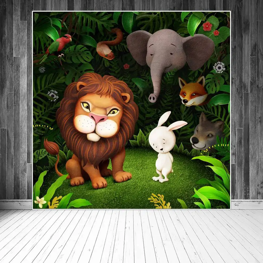 

Wild Lion Photography Backdrops Animals Birthday Decoration Custom Children Jungle Safari Party Flowers Photo Booth Backgrounds
