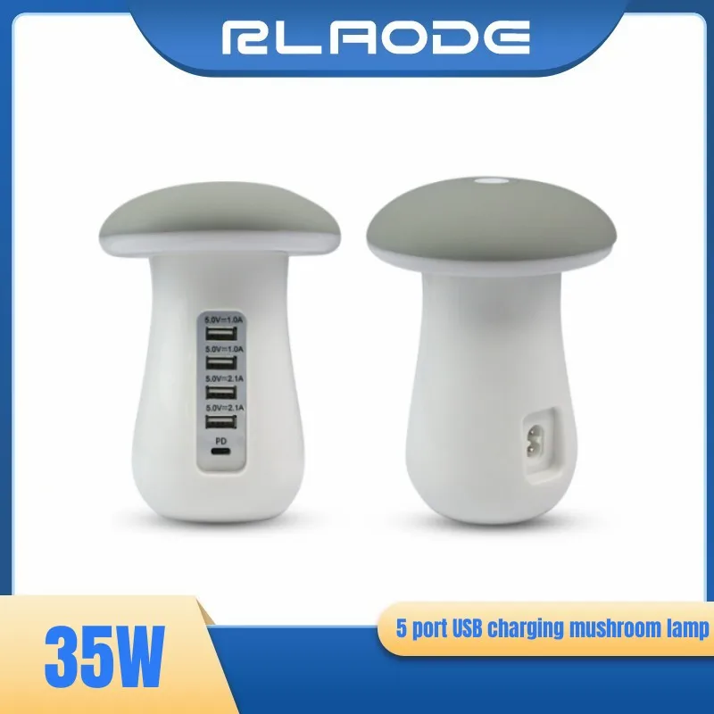 

5 port USB phone charger Mushroom LED light charging station base QC3.0+PD quick charge mobile phone charger