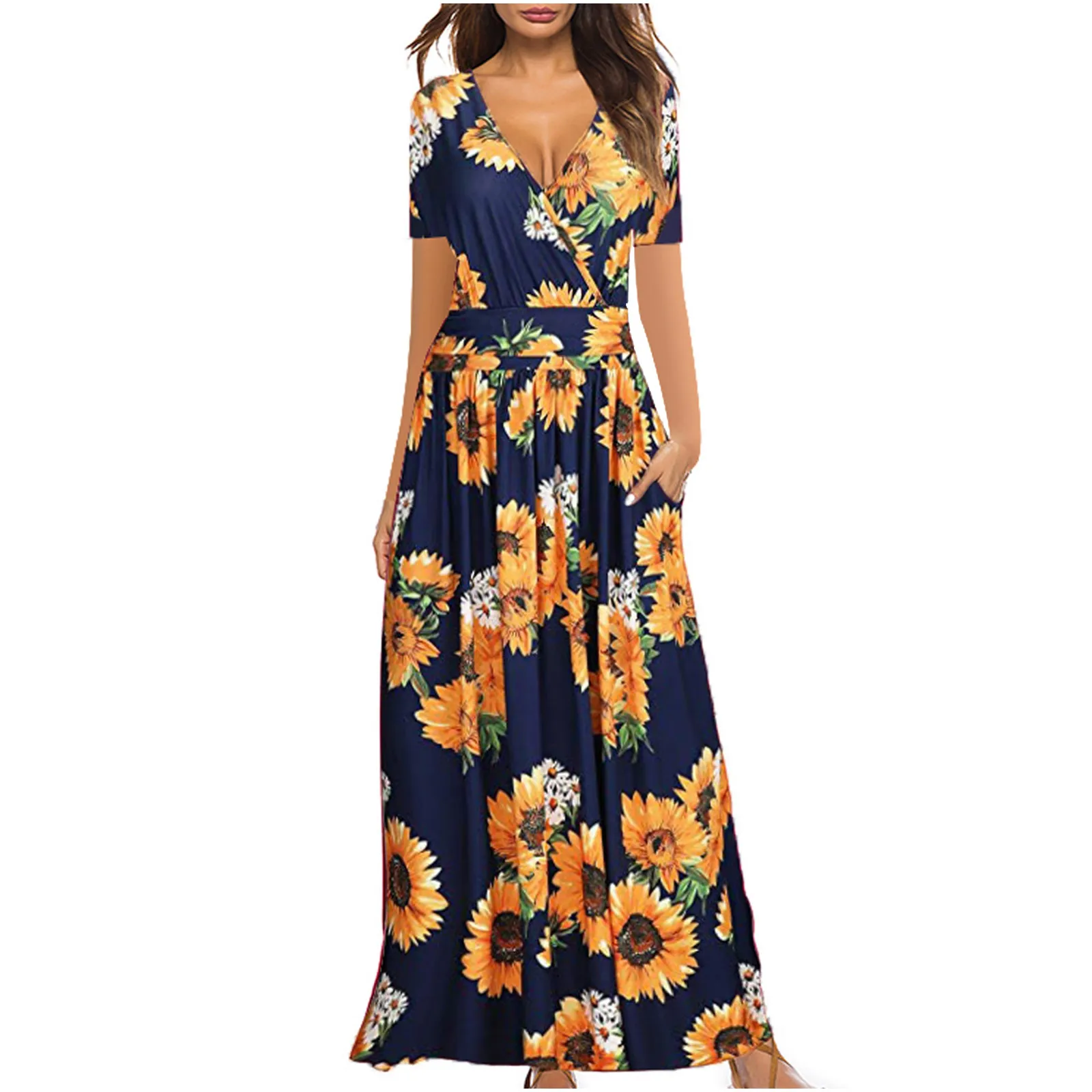 Женское длинное платье с коротким рукавом, V-образным вырезом и цветочным принтом
Женское длинное платье с коротким рукавом, V-образным вырезом и цветочным принтом