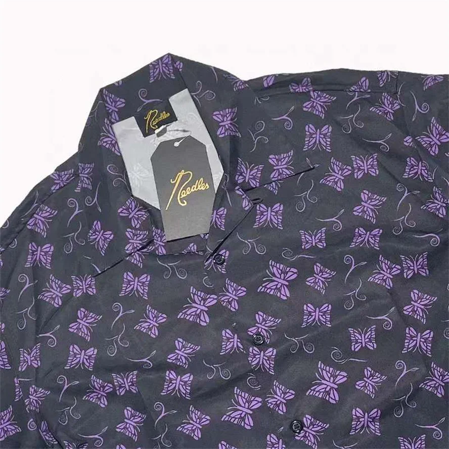 

New Needles Allover Logo Shirt Men Women Full Purple Butterfly Needles Shirts Hawaiian Short Sleeve Streetwear Hip Hop
