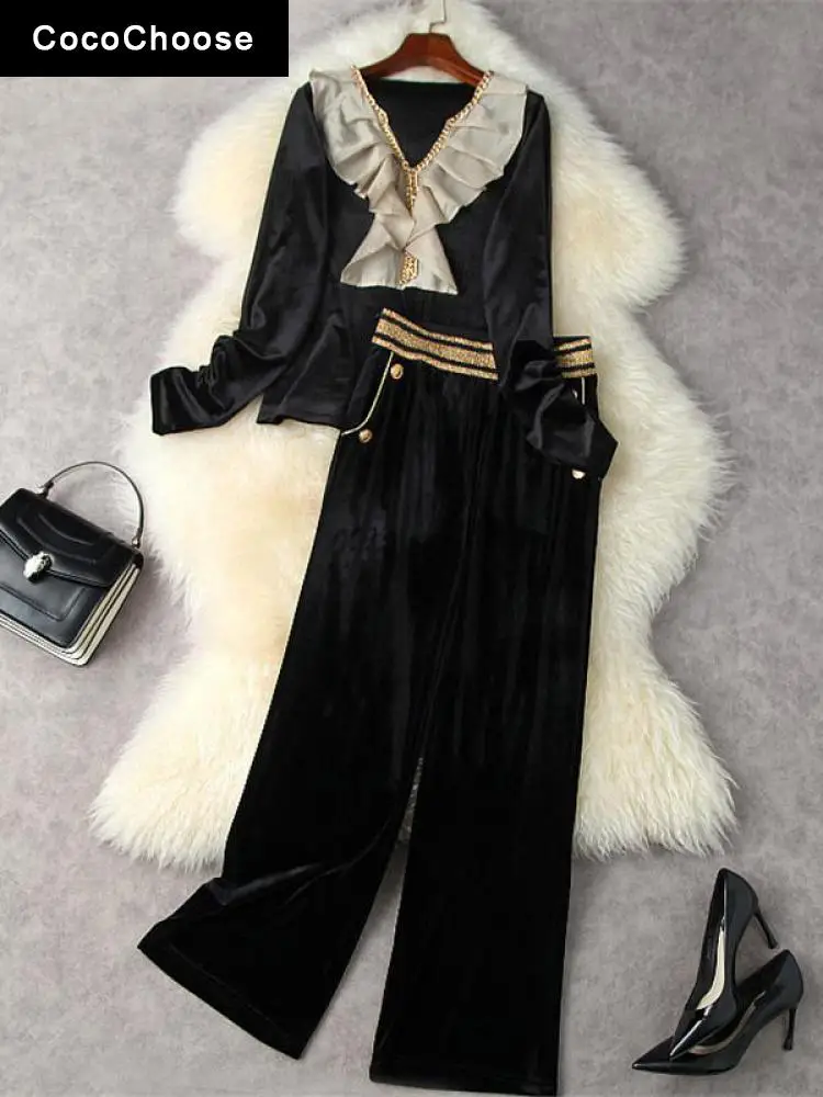 Business Casual Velour Pants Sets Autumn Winter 2022 Women Ruffle V-neck Long Sleeve Top and Trouser Velvet Suits Office Outfits
Business Casual Velour Pants Sets Autumn Winter 2022 Women Ruffle V-neck Long Sleeve Top and Trouser Velvet Suits Office Outfits