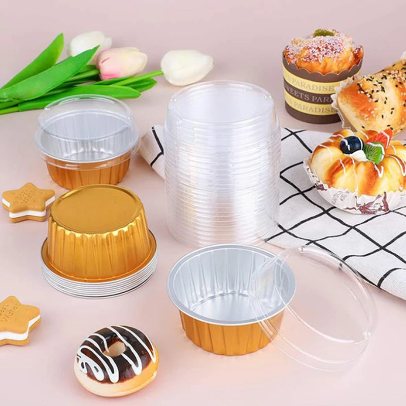 

10Pcs 125ML Muffin Cups Aluminum Foil Baking Pan Round Cupcake Cup With Lid Disposable Dessert Cups Pudding Cups Mousse Cups