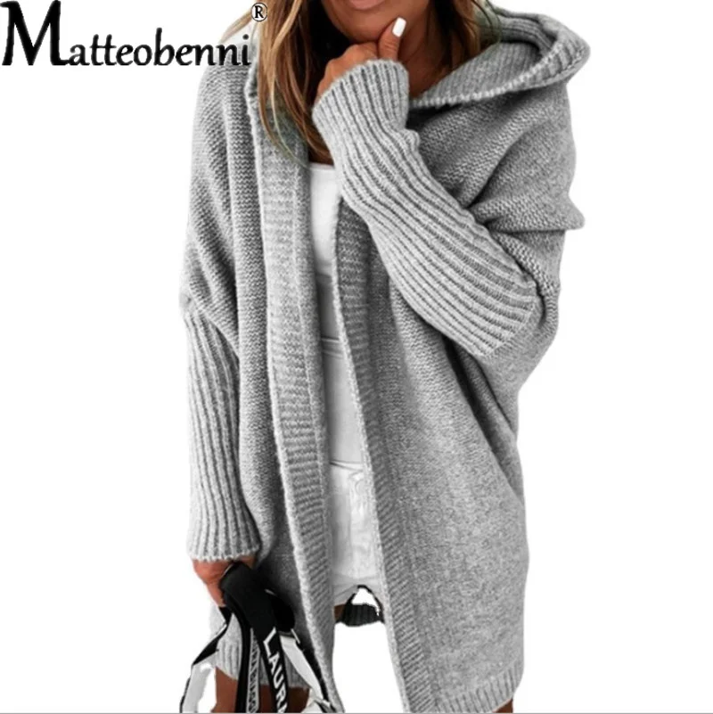 

Elegant Tops 2022 New Women Long Sweaters Fashion Autumn Winter Knitted Hooded Bat Sleeves Cardigans Sweater Soft Looser Clothes