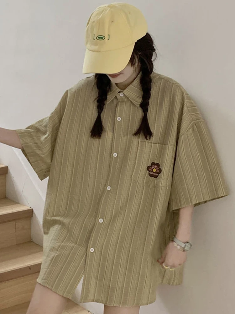 Zoki Floral Embroidery Women Striped Shirts Korean Sweet Half Sleeve Fashion Blouse Summer Preppy Style Oversize Loose Tops New
Zoki Floral Embroidery Women Striped Shirts Korean Sweet Half Sleeve Fashion Blouse Summer Preppy Style Oversize Loose Tops New