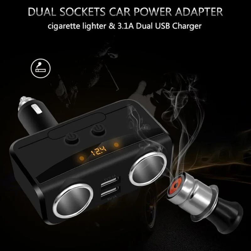 

With Voltmeter LCD Display Car USB Cigarette Lighter Socket Splitter 12V-24V Power Adapter Max 5V 3.1A Dual USB Car Charger