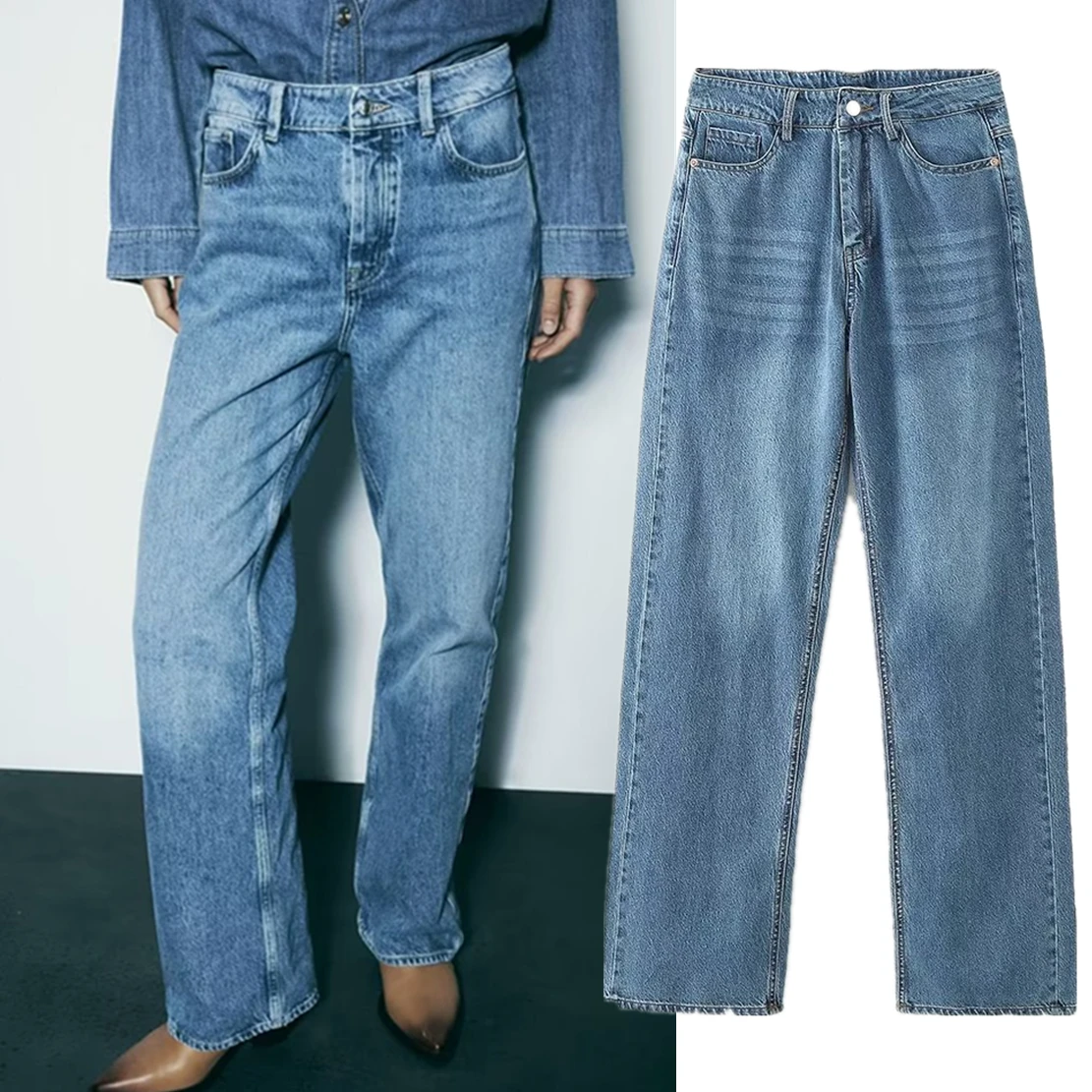 

Винтажные джинсы Elmsk с высокой талией для мам, потертые джинсы, синие прямые джинсы, повседневные свободные джинсовые брюки для женщин