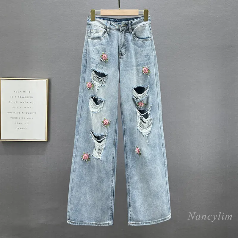 Ripped Holes Wide-Leg Jeans Woman 2023 New Spring Summer High Waist Loose and Slimming Flowers Embroidered Rhinestone Long Pants
Ripped Holes Wide-Leg Jeans Woman 2023 New Spring Summer High Waist Loose and Slimming Flowers Embroidered Rhinestone Long Pants