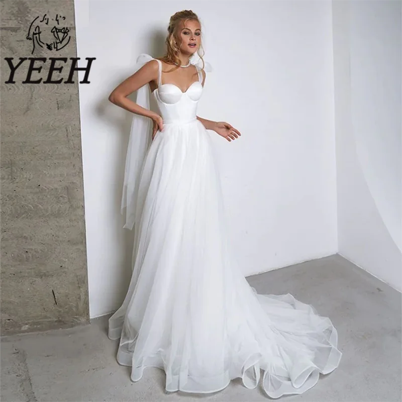 

YEEH Wedding Dress Boho Plain Satin Sweetheart Neckline Bridal Gown Elegant A-line Court Train Vestido De Noiva for Bride