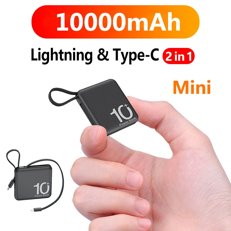 

Mini Power Bank 10000mAh Portable External Battery Pack Built in Cable Powerbanks Spare Batteries for iPhone14 Samsung Xiaomiung