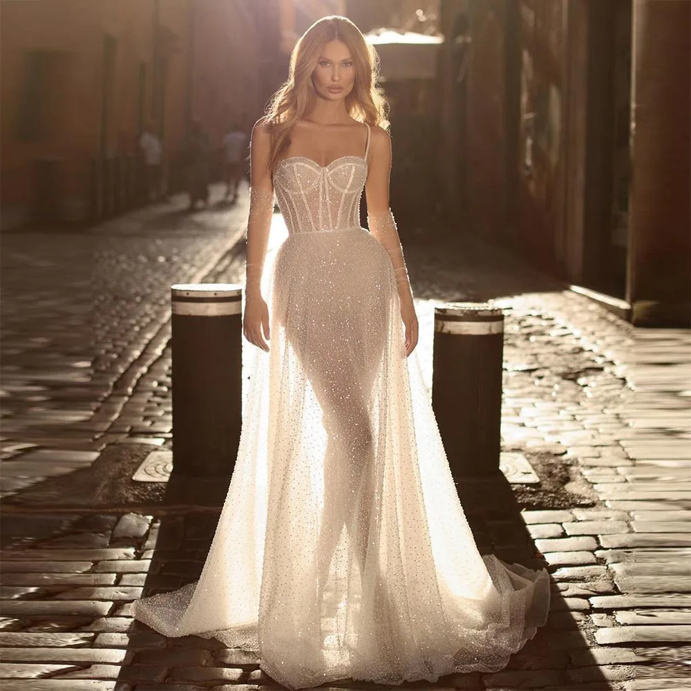 

Sevintage Glitter Sequined Beadings Mermaid Wedding Dresses Sleeveless Spaghetti Straps Wedding Gown Sweetheart Bridal Gown 2023