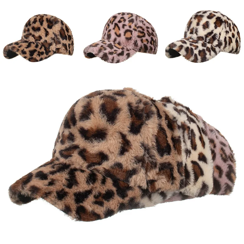 

New Leopard Print Baseball Caps Winter Plush Warmer Adjustable Short Brim Peaked Hats Men Women Zebra Stripes Snapback Sun Hat